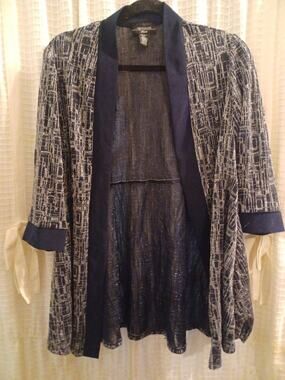 R&M Richards Navy and Silver Open-Front Metallic Knit Cardigan